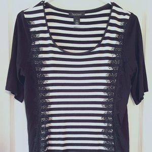White House Black Market Black White Striped with Black Lace Tee Size Medium